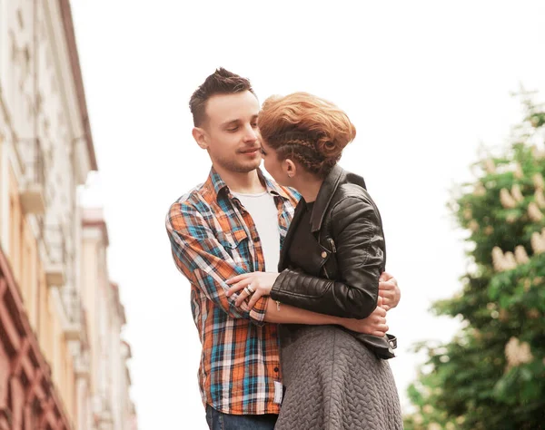 Concept of love:couple kissing on the street — Stock Photo, Image