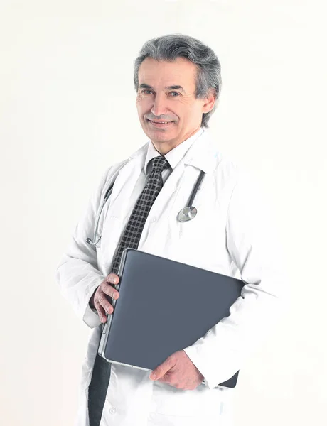 Terapeuta médicos está en la carpeta de documentos.aislado sobre fondo blanco — Foto de Stock