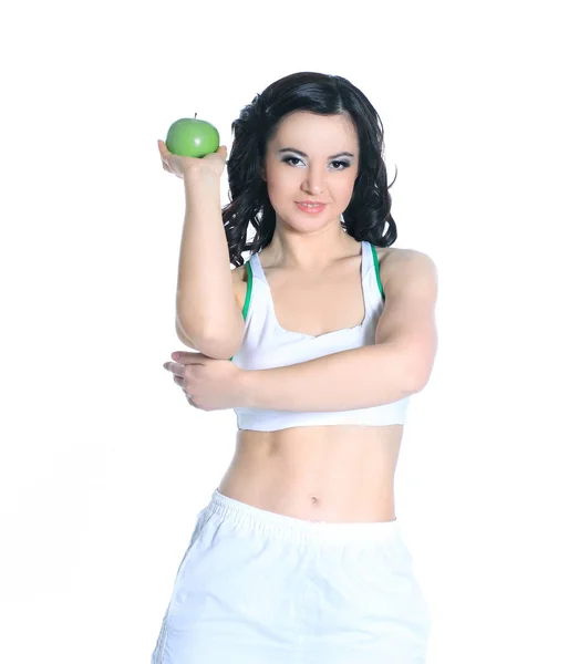 Beautiful fitness woman with green Apple. photo with copy space — Stock Photo, Image