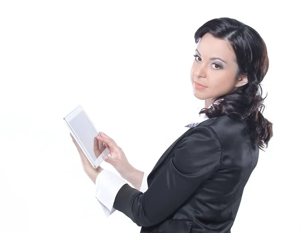 Mujer de negocios con la mano en la tableta de ordenador en aislado un fondo blanco — Foto de Stock