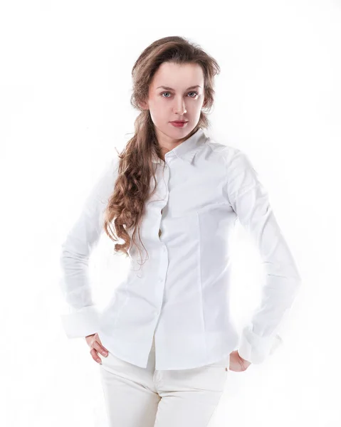 Portret van een zelfverzekerde jonge zakenvrouw. geïsoleerd op wit — Stockfoto