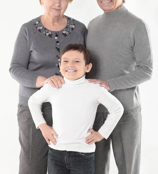Family photo of grandma grandpa and the grandson. isolated on white background — Stock Photo, Image