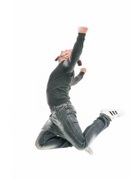 Raper facet tańczy breakdance. Zdjęcie w skoku — Zdjęcie stockowe