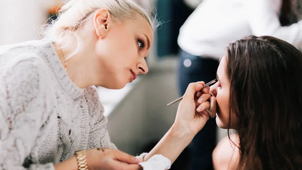 Professional makeup artist makes makeup for a young woman — Stock Photo, Image