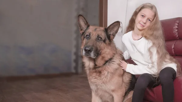 Retrato de una hermosa chica con su perro — Foto de Stock