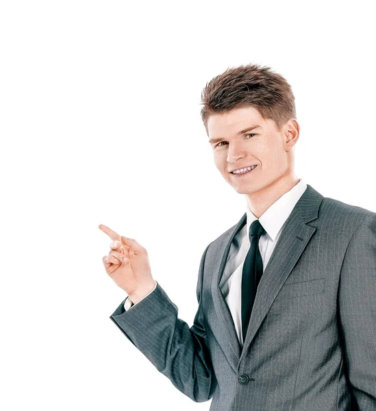Atrás view.businessman apuntando a una pantalla en blanco — Foto de Stock