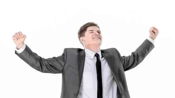 Closeup.a muy feliz joven businessman.isolated en un blanco — Foto de Stock