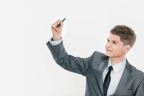 Geschäftsmann zeigt mit einem Marker auf den virtuellen Punkt. — Stockfoto