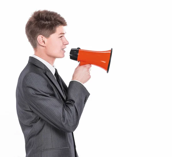 Ung affärsman med en megaphone.isolated på en vit — Stockfoto