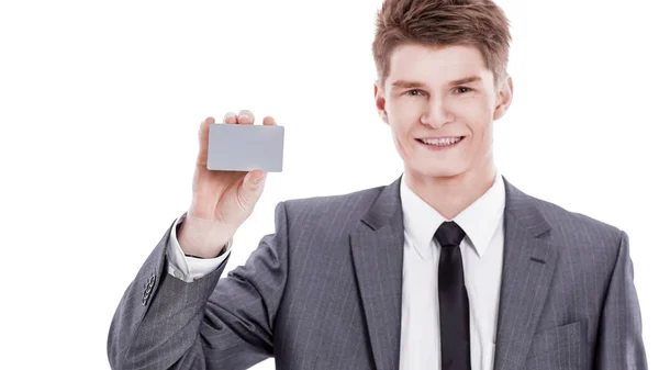 Successful businessman showing blank business card.isolated on a white — Stock Photo, Image