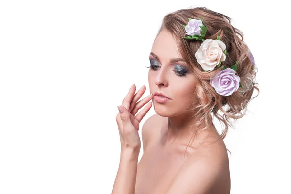 Side view. pretty bride with a stylish hair and evening makeup Stock Photo