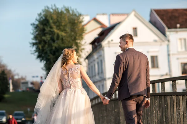 Οπίσθια όψη. νύφη και γαμπρός περπατούν στο δρόμο της πόλης. — Φωτογραφία Αρχείου
