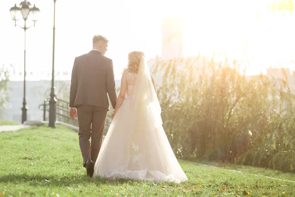 Menyasszony és vőlegény sétálni a városi parkban — Stock Fotó