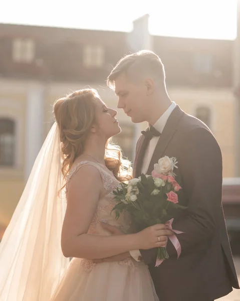 Bruid en bruidegom kijken teder naar elkaar. — Stockfoto