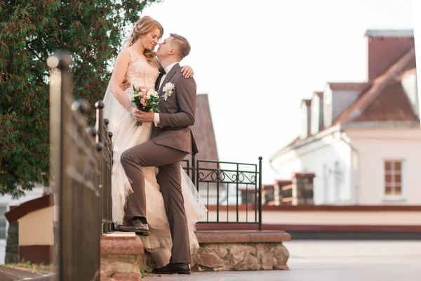 Belo casal de recém-casados em pé na ponte — Fotografia de Stock