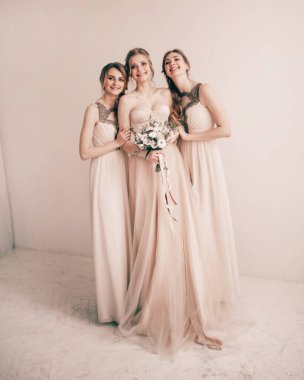 Tam gelişim. Zarif elbiseli arkadaşlarıyla gelin kız..