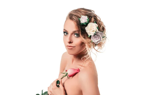 Gyönyörű nő menyasszony Rose. elszigetelt fehér — Stock Fotó