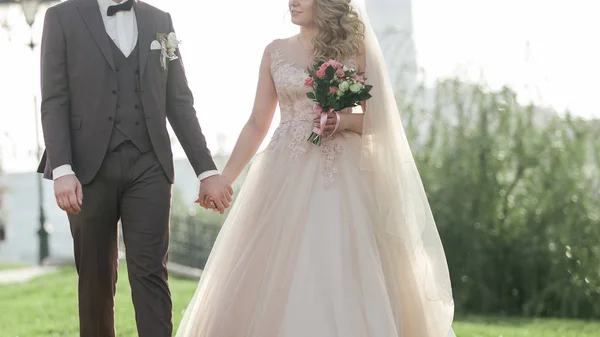 Bride and groom on a walk in the city Park — 图库照片