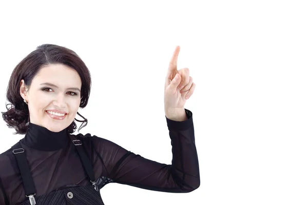 Closeup. business woman pointing at copy space — Stock Photo, Image