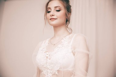 close up. portrait of a happy young woman in a wedding dress