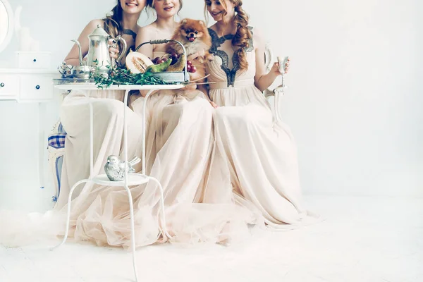 Novia y sus amigos sentados en un elegante tocador . — Foto de Stock