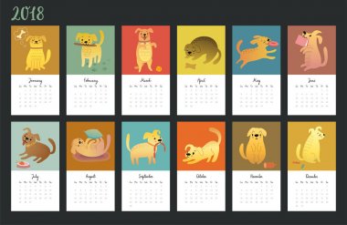 Takvim 2018. Suluboya köpeklerle şirin aylık takvim.