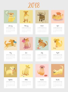 Takvim 2018. Suluboya köpeklerle şirin aylık takvim.