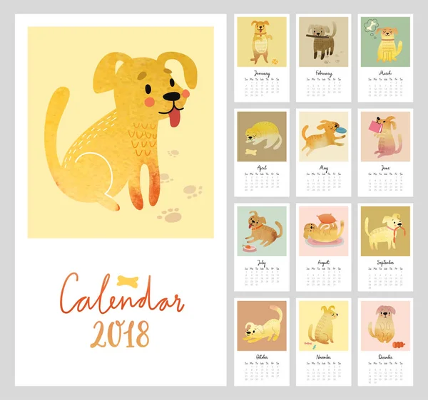 Calendar 2018. Cute monthly calendar with Watercolor dogs. — Stock Vector