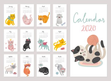 Takvim 2020. Kedilerin olduğu aylık takvim çok güzel. Farklı ruh hali olan el çizimi karakterler..
