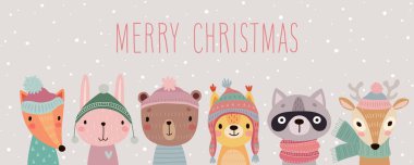 Şirin hayvanlarla dolu mutlu Noeller kartı. Kışlık giysiler içinde el çizimi karakterler. Selamlama broşürü.