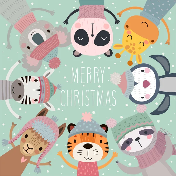 Christmas card with Cute animals. Hand drawn characters. Merry Christmas Greeting flyer. — Stock Vector