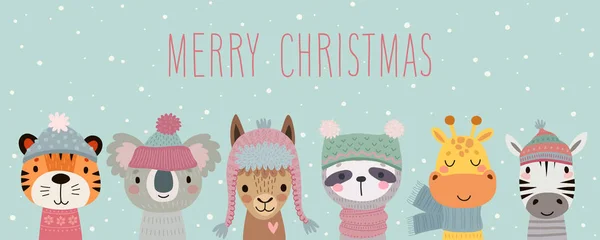 Merry Christmas card with Cute animals. Hand drawn characters in winter clothes. Greeting flyer. Vector Graphics