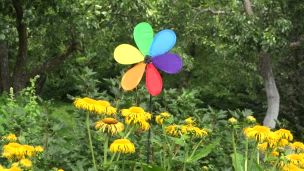 Molino de viento para niños en jardín, 4K — Vídeos de Stock