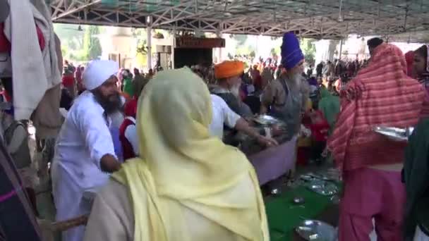 Muitos peregrinos sikh voluntários lavar pratos no templo de ouro Amritsar depois de comer ritual em Punjab, Índia — Vídeo de Stock