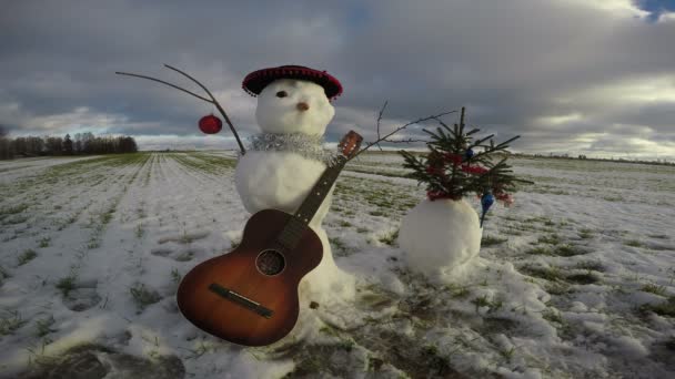 Bonhomme de neige drôle sur le terrain avec guitare et décorations de Noël, 4K — Video