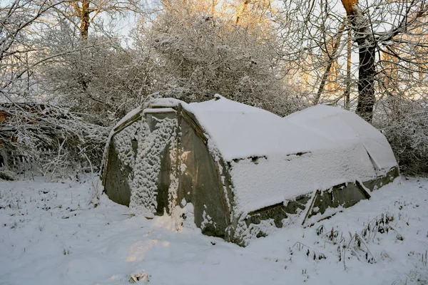 Altes Kunststoff-Gewächshaus in baufälligem Bauernhof und Schnee — Stockfoto