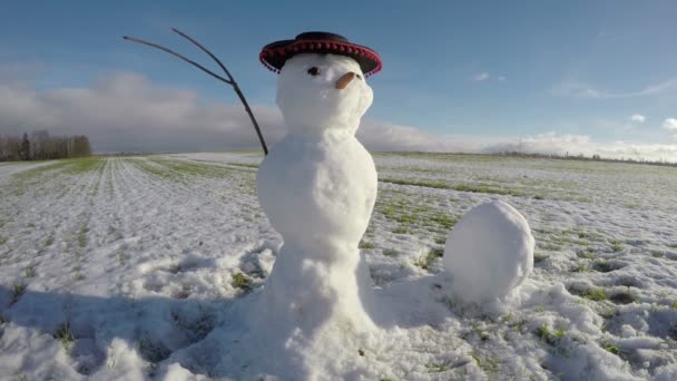 Vicces hóember tél vége mezőben és dekoratív kalap zuhan, Időközű 4k