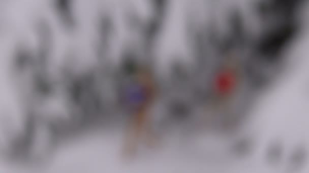 Dois manequins de artista de madeira com bugiganga de Natal na neve, foco de borrão — Vídeo de Stock