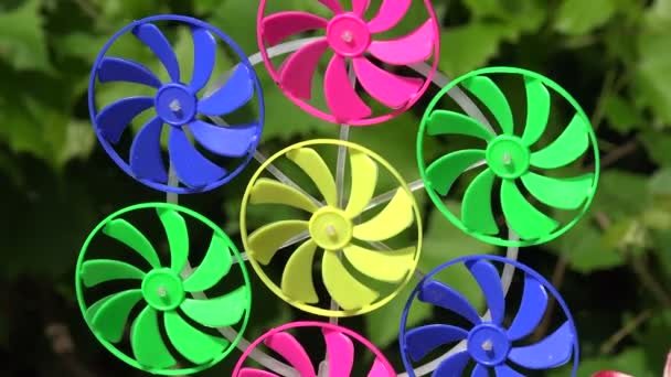 Juguete colorido molino de viento en el jardín de verano, 4 K — Vídeo de stock