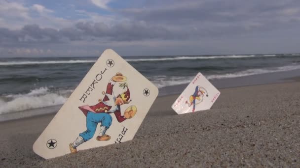 Duas cartas de baralho jokers na praia perto do mar de verão — Vídeo de Stock