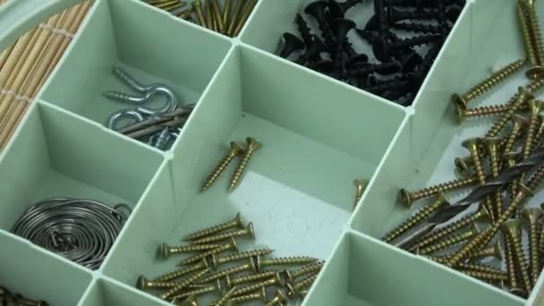 Rotating New Screws Nails Plastic Toolbox — Stock Video