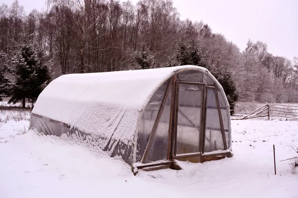 Primitives Kunststoff-Gewächshaus im Wintergarten — Stockfoto