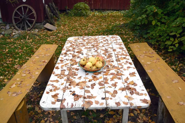 Pommes d'automne et feuilles sur table blanche dans la cour de la ferme — Photo