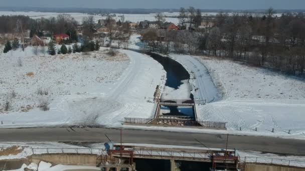 Lake River Frozen Dam Winter Aerial View Drone — Stock Video