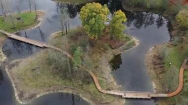 Sonbahar ağaçları, göller, ahşap yollar, hava manzaralı güzel bir manzara.