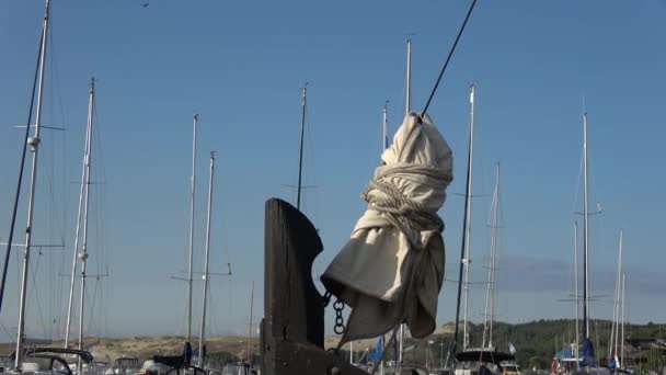 在港口抛掷旧木船和游艇桅杆 — 图库视频影像