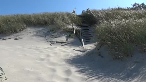 Oude Houten Trap Baltische Zee Strand Duin Wind Gras — Stockvideo