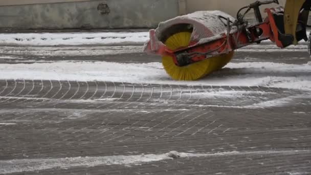 Machine Removing Cleaning Snow Pavement City Square — Stock Video
