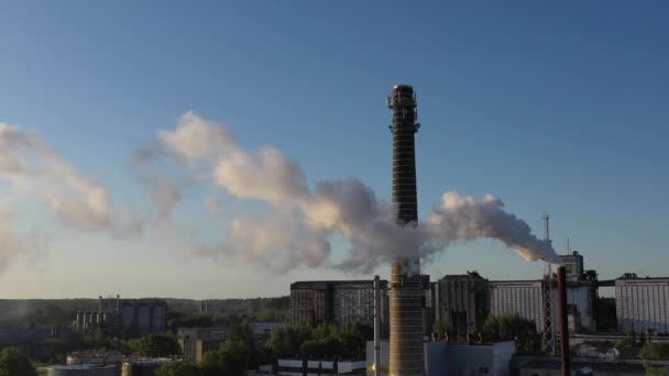 Industrial Smokestack Smoke Blue Sky Background Aerial View — Stock Video