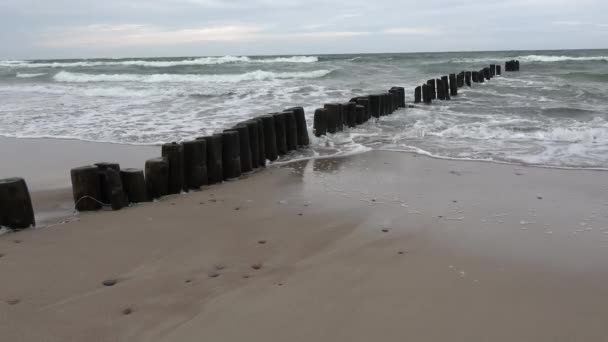 Houten Palen Steiger Palen Ruïnes Zee Strand Golven — Stockvideo